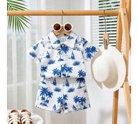 2 pièces Set pour Tout-petits/Bébés/Garçons, Style Estival, Motif Cocotier/Voilier/Plage, Chemise à Manches Courtes Bleu Clair avec Taille Élastique, Assortie avec Short. Vêtements pour Enfants. Vêtem