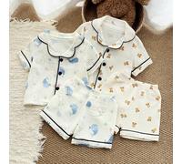 2 pièces/Set Pyjama 4 pièces pour bébé/tout-petit garçon en coton gaze à double couche avec motifs baleine et ours mignons, manches courtes 9-12M,12-18M,18-24M,2-3YAnimalTissu tissé