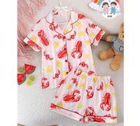 2 pièces/Set Pyjama décontracté pour filles avec polo rayé, imprimé homard et citron, manches courtes, cardigan et short. Ignifuge, toutes saisons 8Y,9Y,10Y,11Y,12YFruits & légumesTissu tricoté