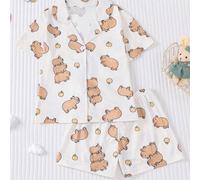 2 pièces/Set Pyjama d'été pour tout-petits et jeunes enfants, imprimé mignon de capybara, t-shirt à col polo avec boutons et manches courtes + shorts confortables avec élastique, tissu léger et ignifu