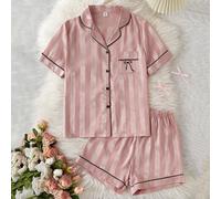 2 pièces Set Pyjama maison fille ado Rayures classiques Jacquard Nœud Brodé Col Manches courtes Shorts 14Y,12Y,13Y,16Y,15YGéométrique,Cœur,LettresÉtoffe