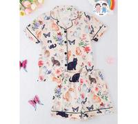 2 pièces/Set Pyjama mignon et décontracté pour filles avec imprimé chat de bande dessinée, col polo, manches courtes, cardigan et short. Ignifuge, toutes saisons 8Y,9Y,10Y,11Y,12YAnimal,CartoonTissu t
