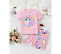 2 pièces/Set Pyjama pour bébé fille avec Top à manches courtes col rond en tricot doux et confortable et short, imprimé étoiles et chat rêveur qui brille dans le noir 2Y,3Y,9-12M,12-18M,18-24MNoëlÉtof