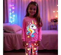 2 pièces/set Pyjama pour filles préadolescentes, Top à manches longues rose automne avec imprimé licorne phosphorescent pour garçons, leggings avec imprimé cœur et étoile, coupe ajustée, cadeau mignon