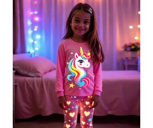 2 pièces/set Pyjama pour filles préadolescentes, Top à manches longues rose automne avec imprimé licorne phosphorescent pour garçons, leggings avec imprimé cœur et étoile, coupe ajustée, cadeau mignon