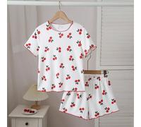 2 pièces/Set Pyjamas courts à manches courtes en tricot pour filles, doux et extensibles, motif cerise coloré, meilleur cadeau pour les adolescentes 8Y,9Y,10Y,11Y,12YFruits & légumesÉtoffe