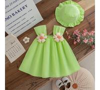 2 pièces/set Robe à bretelles et chapeau bébé fille d'été à décor floral 3D mignon en couleur unie 6-9M,9-12M,12-18M,3-6MUnicolorePolyester