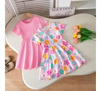 2 pièces/set Robe à manches courtes imprimée de fleurs colorées et de dopamine pour fillettes et tout-petits, tenue confortable pour tous les jours, été 6Y,7Y,4Y,5YPlantesÉtoffe