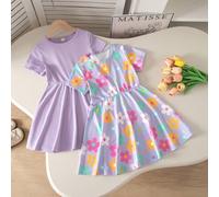 2 pièces/Set Robe à manches courtes simple et ludique pour filles tout-petites, motif floral coloré dopamine, combinaison multicolore rose, tenue d'été décontractée confortable et mignonne 6Y,7Y,4Y,5Y