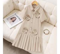 2 pièces/set Robe pour préadolescentes, robe chemise décontractée de style A-line avec décoration florale 3D et ourlet plissé, tissu fin adapté pour le printemps/été. Confortable et , design de couleu