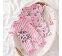 2 pièces/set Robe rose rayée thème de dessin animé cosy et réconfortante pour nouveau-né avec impression de lapin et d'ours, volants aux poignets, décoration de nœud à l'avant, body à manches courtes 