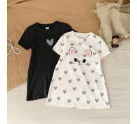 2 pièces/set Robe tricotée décontractée et polyvalente à col rond et manches courtes avec imprimé chat d'amour, convient pour les sorties et autres occasions, pour bébé fille 6-9M,9-12M,12-18M,18-24M,