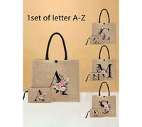 2 pièces/set Sac fourre-tout en lin imprimé avec lettres et fleurs simples, sac simple pour le voyage, meilleurs cadeaux pour les enseignants pour Noël Lettre-A (1 jeu),Lettre-B (1 jeu),Lettre-C (1 je