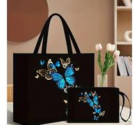 2 pièces/set Sac fourre-tout imprimé papillon rose, fabriqué en matériau de jute durable, design à la mode, comprend un porte-monnaie pratique, convient pour le shopping, les voyages et les aventures 