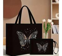 2 pièces/set Sac fourre-tout imprimé papillon rose, fabriqué en matériau de jute durable, design à la mode, comprend un porte-monnaie pratique, convient pour le shopping, les voyages et les aventures 