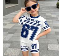 2 pièces/set Short de cyclisme ajusté à manches courtes, style minimaliste décontracté pour jeune fille, convient pour l'été, style sportif classique avec impression graphique des chiffres 6, 7 et des