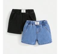 2 pièces/set Shorts en denim doux à taille élastique avec poche à lettre appliquée, style bohème décontracté pour bébés garçons au printemps et en été en plusieurs couleurs, vêtements d'été pour bébés