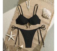 2 pièces Set Spring Break : Top de bikini à lacets de couleur unie et bas de bikini torsadé sur le côté. Ensemble de bikini mignon pour l'été et la plage pour femmes L,M,S,XL,XSUnicoloreÉtoffe
