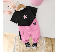 2 pièces/Set Style Décontracté de Rue pour Bébé Fille Nourrisson et Bambin 0-3 Ans. Top Crop à Manches Courtes Col Rond avec Volants + Pantalon Cargo. Ensemble 2 Pièces 6-9M,9-12M,12-18M,18-24M,2-3Y,3