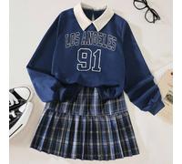 2 pièces/Set Style universitaire américain pour adolescents Top et jupe plissée à carreaux, col et panneau avant contrastés, imprimé mode simple, convient pour le printemps/automne casual, tenue de re