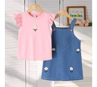 2 pièces/Set Style universitaire décontracté mignon pour filles. Ensemble comprenant un t-shirt à manches courtes col rond rose et une robe chasuble en jean bleu 6Y,7Y,4Y,5YGéométrique,PlantesJean,Pol