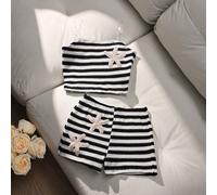 2 pièces/Set Style Y2K pour filles Ensemble de lingerie assorti rayé jaune et blanc, avec broderie d'étoile de mer 3D, tissu à texture de bulles, Top bandeau avec bretelles invisibles + culottes type 