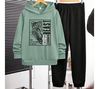 2 pièces/Set sweat-shirt à capuche imprimé animal et lettres anglaises décontracté pour garçons adolescents et pantalon à cordon, convient pour l'automne, l'hiver, l'école, la maison, les sports, une 
