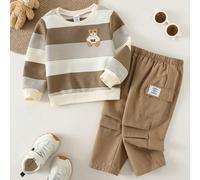 2 pièces/Set sweat-shirt à capuche rayé mignon d'ours et pantalon cargo kaki décontracté pour tout-petits, confortable et pour l'intérieur, l'extérieur, le quotidien, les sports, les fêtes, les séance