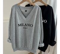 2 pièces/Set Sweat-shirt ample col en V grande taille, décontracté et simple, convient pour l'automne/l'hiver 0XL,1XL,2XL,3XL,4XL,5XLLettresTissu tricoté