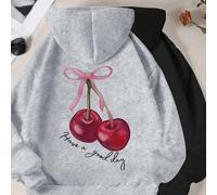 2 pièces/set Sweat-shirt japonais style ado fille noir et gris avec poche et imprimé cerise anglais. Convient pour les sorties, les sœurs/meilleures amies assorties, streetwear polyvalent et confortab