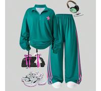 2 pièces/Set Sweat-shirt-shirt à capuche zippé + Pantalon de sport à jambe droite pour adolescentes, convient pour le décontracté quotidien, les déplacements, les sports, la rentrée scolaire au printe
