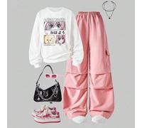 2 pièces/Set Sweat-shirt-shirt à encolure ronde et épaules tombantes avec portrait d'une fille d'anime décontractée et pantalon large pour adolescente, pour l'automne/l'hiver 14Y,13Y,16Y,15YCartoonPol