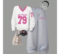 2 pièces/set Sweat-shirt-shirt à manches longues col V avec graphique Los Angeles 79 et pantalon large pour filles pré-adolescentes, style minimaliste décontracté. Automne/Hiver 8Y,9Y,10Y,11Y,12YLettr