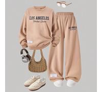 2 pièces/Set Sweat-shirt-shirt col rond à manches longues avec graphique minimaliste Los Angeles et pantalon large pour filles, automne/hiver 8Y,9Y,10Y,11Y,12YLettresPolyester