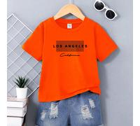 2 pièces/Set T-shirt à col ras-du-cou à manches courtes avec imprimé Los Angeles Californie pour jeunes garçons et short en jean délavé. Tenue de ville décontractée 6Y,7Y,4Y,5YLettres,SloganJean,Étoff