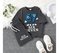 2 pièces/Set T-shirt à col rond à manches courtes avec imprimé lettres et chiffres pour jeune garçon et short à cordon de serrage à la taille. Tenue décontractée 6Y,7Y,4Y,5Y,18-24M,2-3YCartoon,Lettres