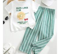2 pièces/set T-shirt à manches courtes à col rond avec imprimé alimentaire et lettre mignon pour jeunes garçons et pantalon cargo rayé. Tenue de sport décontracté adaptée pour le printemps, l'été, l'a