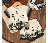 2 pièces/Set T-shirt à manches courtes à col rond avec imprimé slogan anglais cool et short assortis pour garçons. Design imprimé intégral. Tenue de sport, convient pour les vacances, les fêtes, le pr