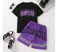 2 pièces/Set T-shirt à manches courtes avec imprimé lettres de flamme Los Angeles et short de tenue de sport pour garçons adolescents, été 8Y,9Y,10Y,14Y,11Y,12Y,13Y,16Y,15YGéométrique,LettresTissu tri