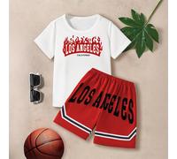 2 pièces/set T-shirt à manches courtes avec imprimé lettres flammes Los Angeles et shorts pour garçons adolescents, tenue de sport pour l'été 8Y,9Y,10Y,14Y,11Y,12Y,13Y,16Y,15YGéométrique,LettresTissu