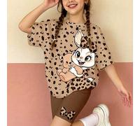2 pièces/Set T-shirt à manches courtes col rond ample et short de vélo imprimé léopard pour préadolescentes. Convient pour le printemps/été, les tenues quotidiennes, les voyages, les vacances, les sor