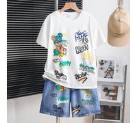 2 pièces/Set T-shirt à manches courtes col rond avec imprimé ours et short effet jean pour garçons pré-adolescents. Tenue décontracté de rue, adaptée pour l'été, les jours fériés, la plage, les vacanc