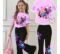 2 pièces/set T-shirt à manches courtes col rond et pantalon évasé, style dessin animé K-pop rose pour jeunes filles, coupe ample. Tenue décontractée pour le printemps/été, pour le quotidien et les sor