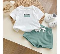 2 pièces/Set T-shirt à manches courtes décontracté et short de couleur contrastée pour bébé garçon. Style mode minimaliste, confortable et polyvalent. Convient pour le port quotidien, l'école, les sor