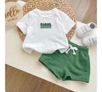 2 pièces/Set T-shirt à manches courtes décontracté et short de couleur contrastée pour bébé garçon. Style mode minimaliste, confortable et polyvalent. Convient pour le port quotidien, l'école, les sor
