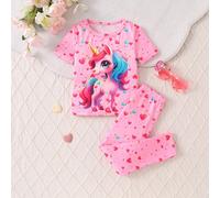 2 pièces/Set T-shirt à manches courtes et pantalon imprimés avec un cœur mignon et une licorne, pour jeune fille. Qui brille dans le noir, convient pour le port extérieur 6Y,7Y,4Y,5YCartoon,Portrait,G