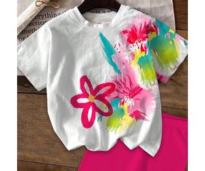 2 pièces/set T-shirt à manches courtes et short assortis avec imprimé floral coloré Y2K dopamine, décontracté pour jeune fille. Convient pour l'été 6Y,7Y,8Y,4Y,5Y,2-3YBlocs de couleur,graphique,Plante