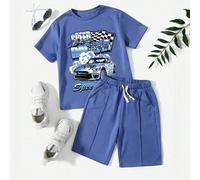 2 pièces/Set T-shirt à manches courtes et short décontractés avec imprimé lettres et voiture pour jeune garçon 6Y,7Y,8Y,4Y,5Y,2-3YgraphiquePolyester