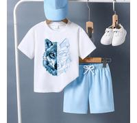 2 pièces/set T-shirt à manches courtes et short décontractés avec imprimé tête de loup pour jeune garçon 6Y,7Y,8Y,4Y,5Y,2-3YAnimalPolyester