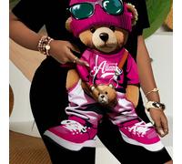 2 pièces/Set T-shirt à manches courtes et short d'été imprimé ours de bande dessinée mignon et décontracté pour femmes L,M,S,XL,XSAnimal,Cartoon,Blocs de couleurTissu tricoté